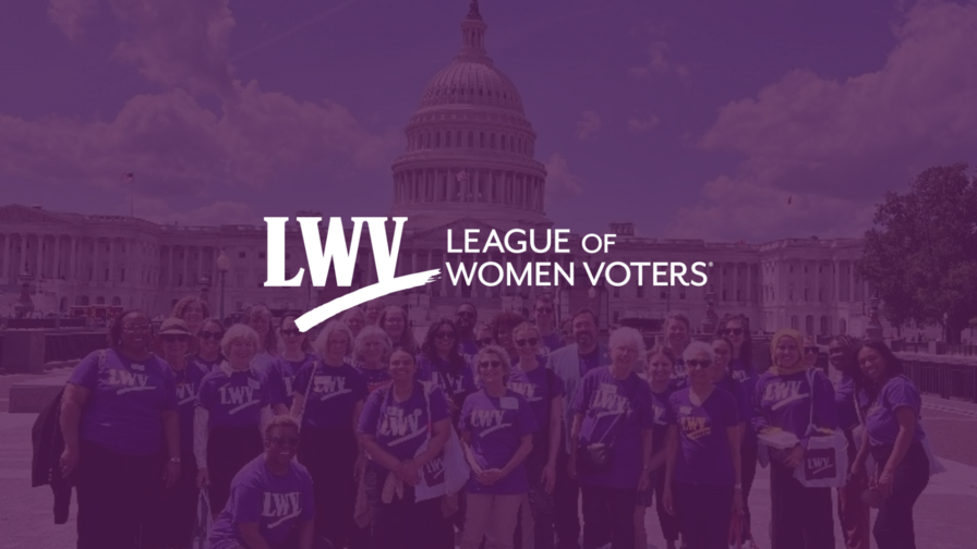 League staff in front of the Congress building with a purple overlay and the LWV logo centered