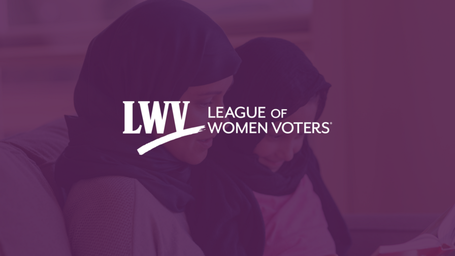 A woman and her daughter reading a book on a purple overlay with the LWV logo centered