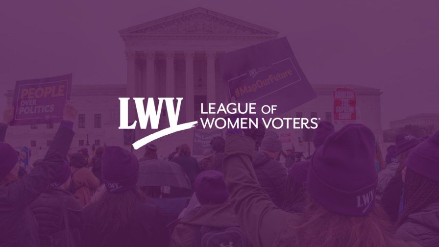 LWV supporters rallying at the Supreme Court of the US with a purple overlay and the LWV logo centered