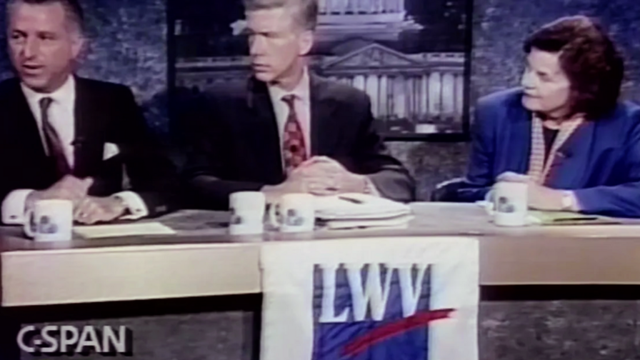 Screenshot of CSPAN footage of a 1992 California Democratic Senate Debate with Joseph Alioto, Gray Davis, and Dianne Feinstein. The debate was sponsored by the League of Women Voters of California.
