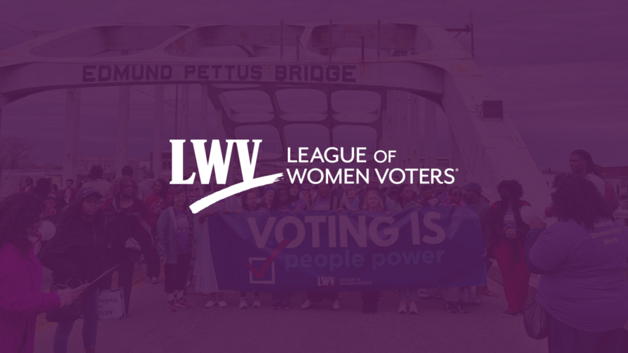 A picture of League members marching on the Edmund Pettus Bridge with purple overlay and the LWV logo centered