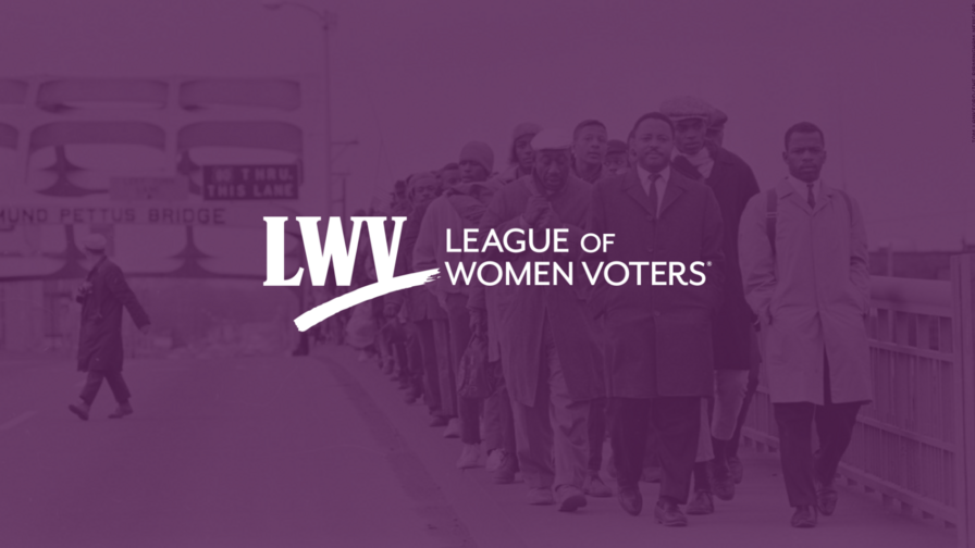 Historical photo of marchers at the Edmund Pettus bridge with a purple overlay and the LWV logo centered