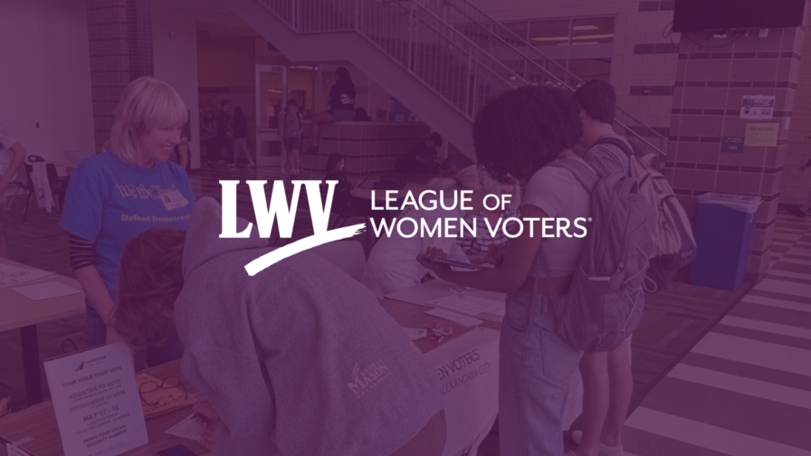 LWV members registering Virginia High Schoolers to vote. The image has a purple overlay and the LWV logo is centered.