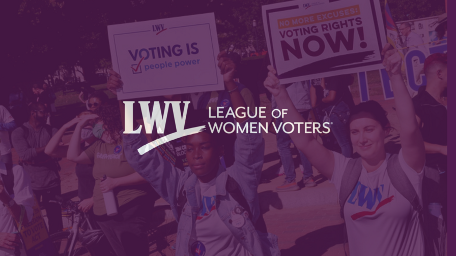 A LWV member marching and holding a sign that says "Voting is people powered." The image has a purple overlay and the LWV logo is centered.