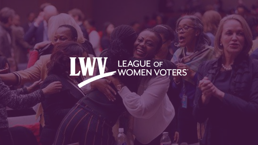 Women hugging at a UN Observer event, with a purple overlay. The LWV logo is centered.