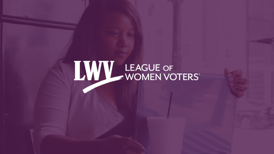 Picture of a girl on a computer with a purple overlay and the LWV logo in the center