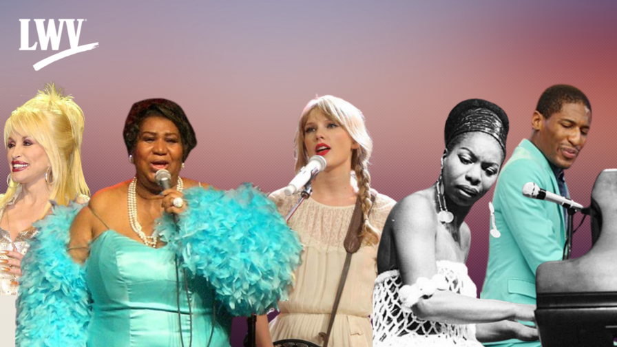 Dolly Parton, Aretha Franklin, Taylor Swift, Nina Simone, and Jon Batiste on a purple background