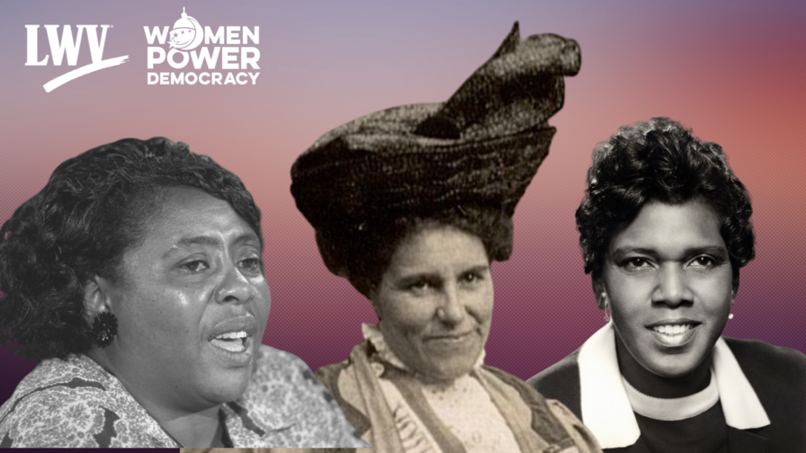 Pictures of Fannie Lou Hamer, Rosa May Billinghurst, and Barbara Jordan on a purple background