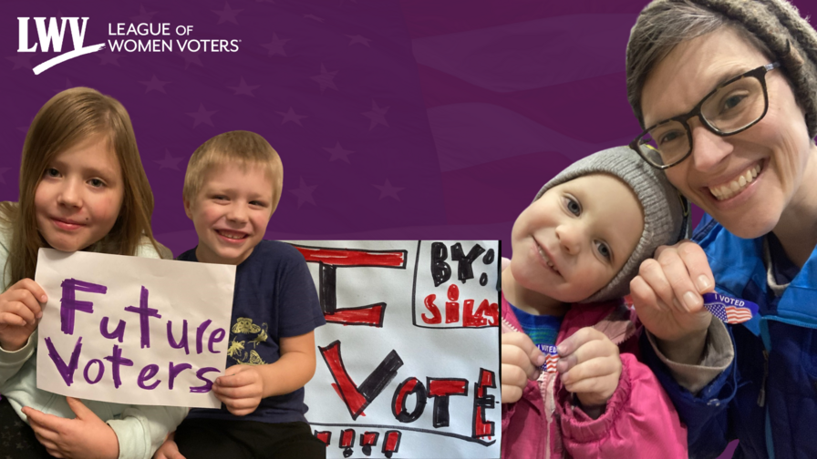 The author and her children holding voting signs and stickers on a purple background with the LWV logo in the top left corner