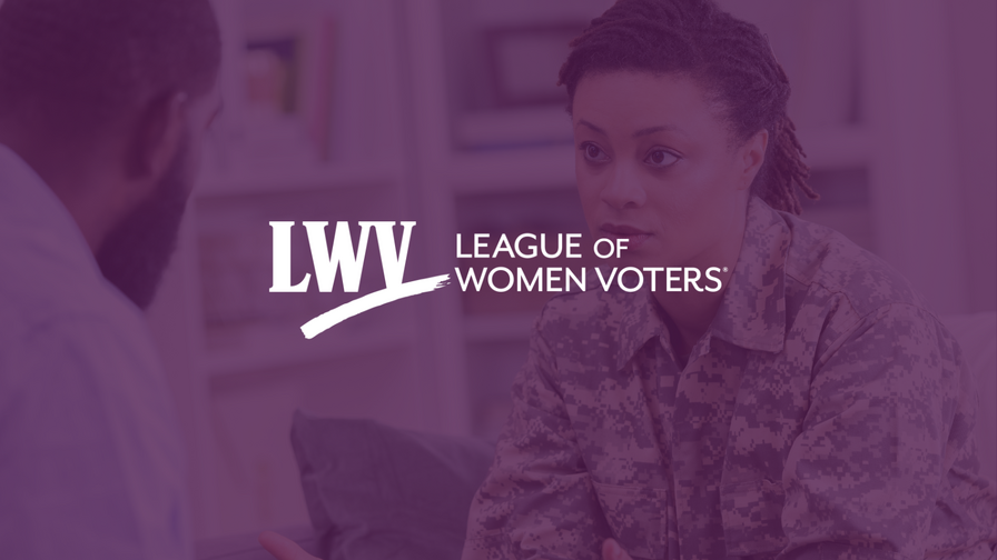 A faded picture of a woman in an army uniform with a purple overlay and the LWV logo centered