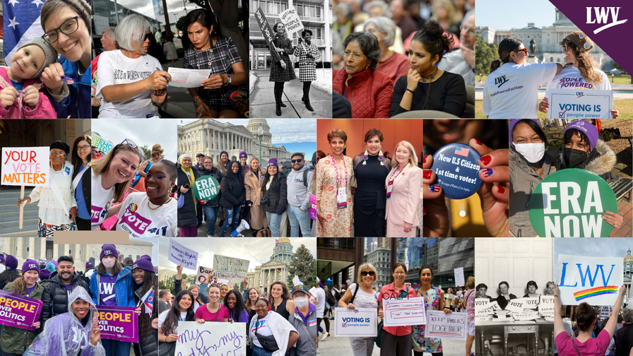 A collage featuring pictures of women in the League over the past 100 years