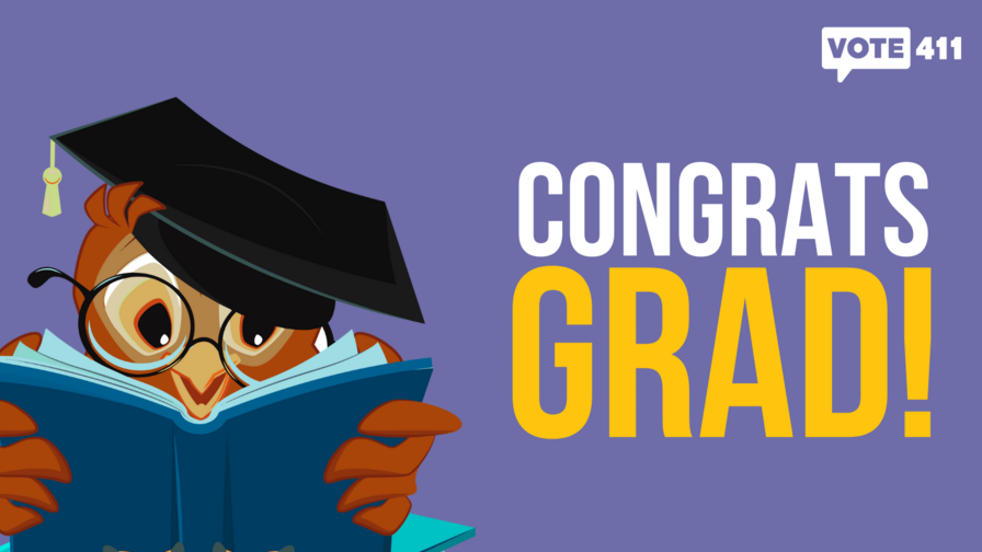 An illustration of an owl in a graduation cap next to the words "Congrats Grad!"