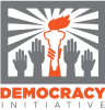 Hands reaching up towards the sky, with one in the center holding a torch, over the words "Democracy Initiative"